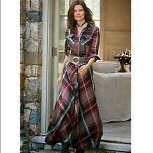 Soft Surroundings Size L Terrific Tartan Maxi Dress Belted Button Up Plaid